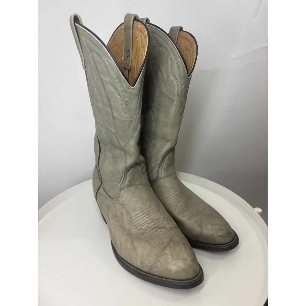 Vintage Distressed Sage Blue Leather Western Cowboy Boots Pointed Toe Pull On - Picture 4 of 5